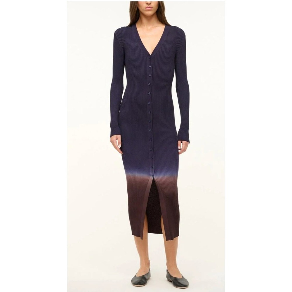 STAUD Shoko Sweater Dress Navy Brown Ombre Ribbed Button Front Medium
